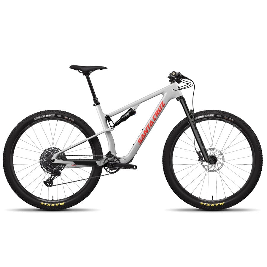 A matte silver Santa Cruz Blur 4 mountain bike with red lettering