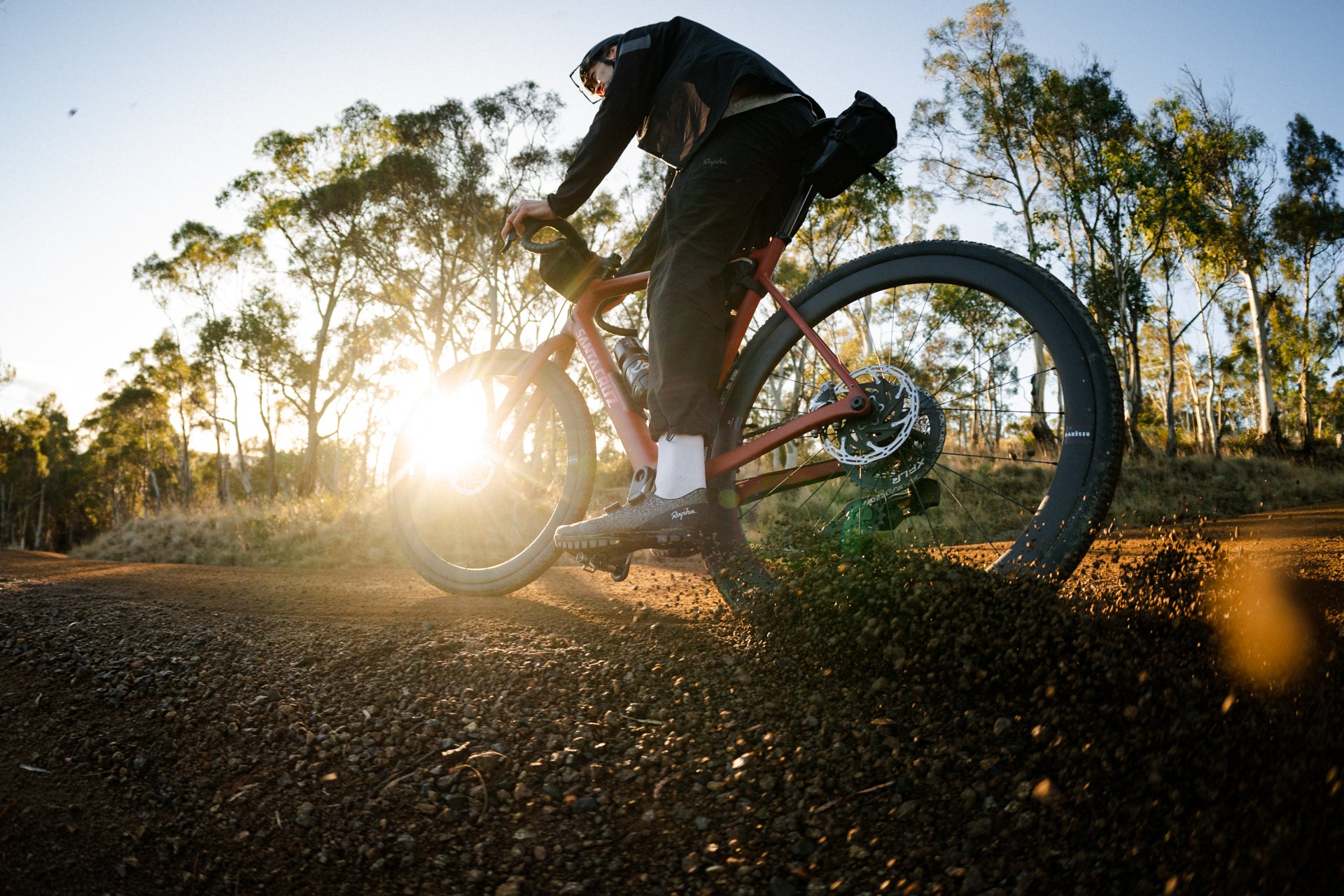 An action shot of a man riding a Santa Cruz Stigmata gravel bike on a scenic forest trail, surrounded by towering trees, available at Contender Bicycles.