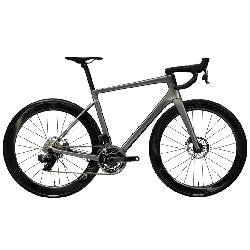 A silver ENVE Melee road bike with drop handlebars 