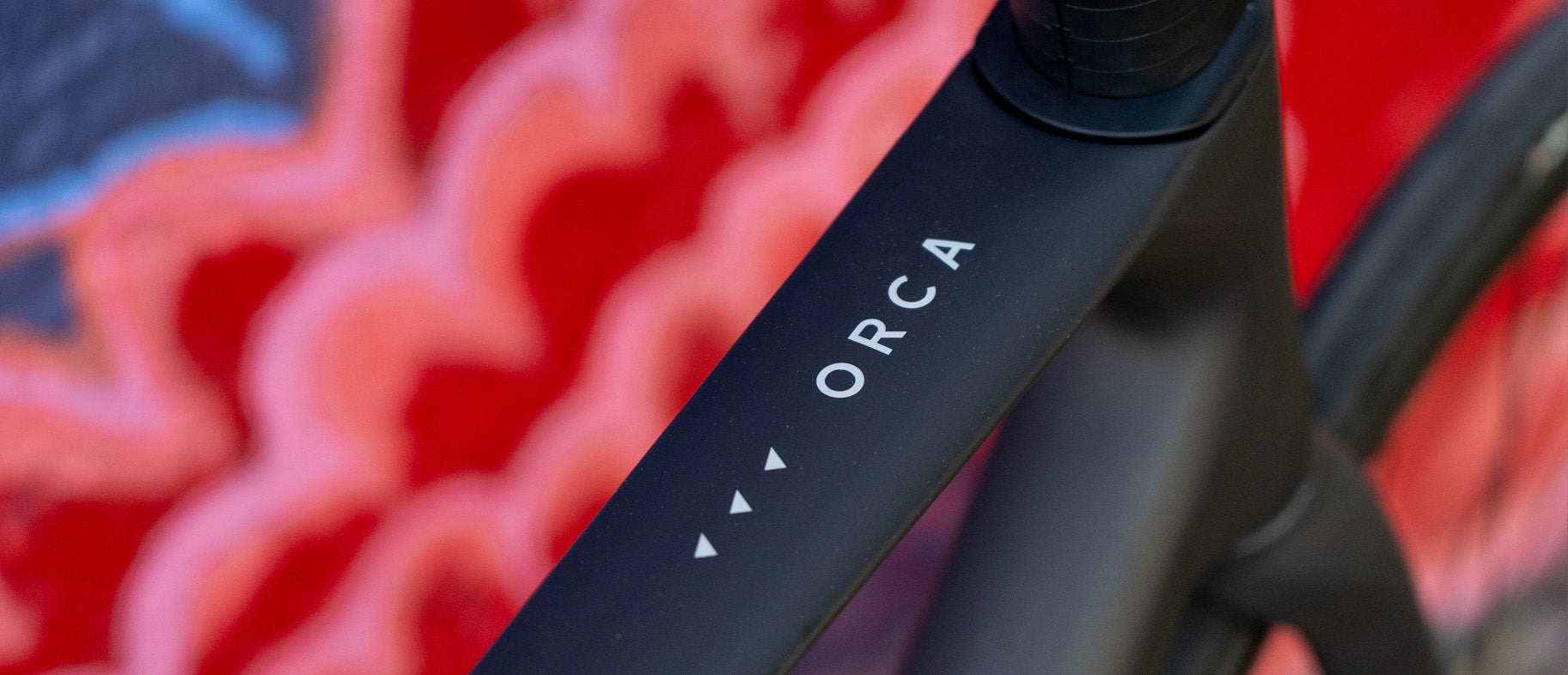 A black Orbea Orca Road bike top tube logo, against a colorful background.