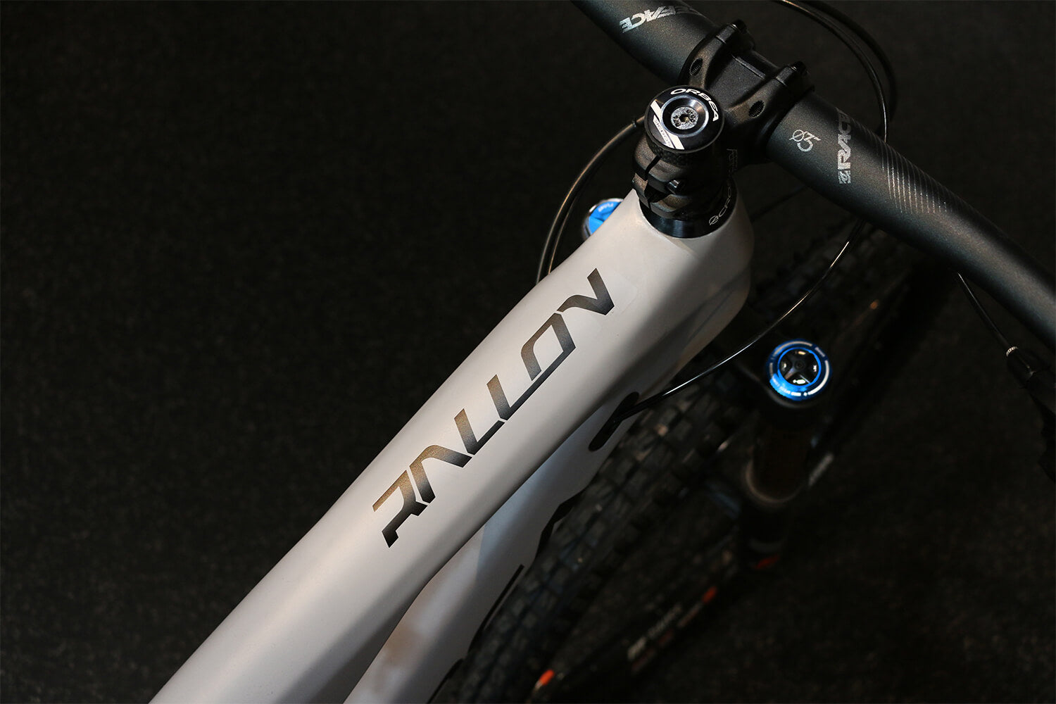 The top tube of an Orbea Rallon Mountain Bike.