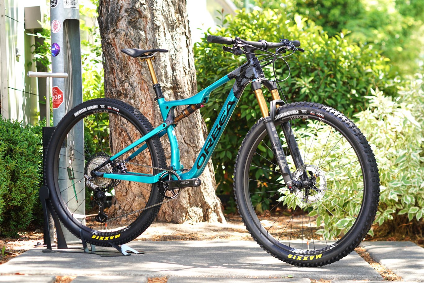 A green and black Orbea Oiz mountain bike, with some trees and bushes in the background.