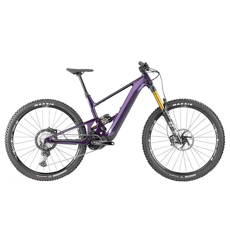 A purple SCOR mountain bike with metallic paint and big tires and a flat handlebar