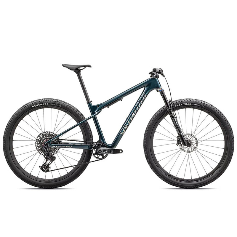 A teal Specialized Epic mountain bike with large tires and a flat handlebar