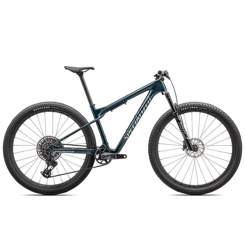 A blue Specialized cross country mountain bike with big tired and a flat handlebar