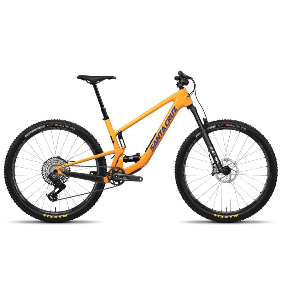 A orange Santa Cruz Tallboy 5 with blue lettering and flat handlebars