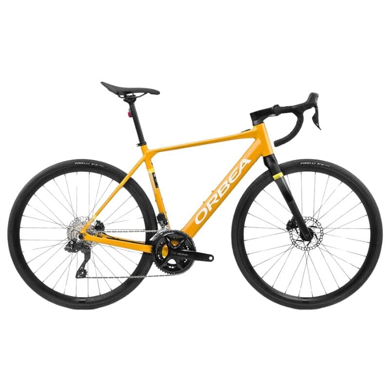 A yellow Orbea Gain D30I with white letters and drop handlebars