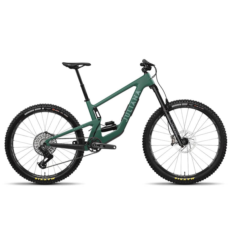 A matte green Juliana Roubion with blue lettering and flat handlebars