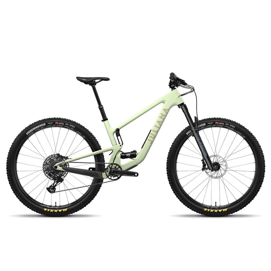 A light green Juliana Joplin mountain bike with flat handlebars