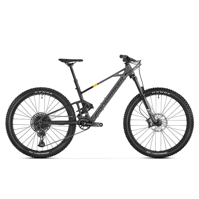 A gray and black Mondraker F-Play 26 kids mountain bike with flat handlebars