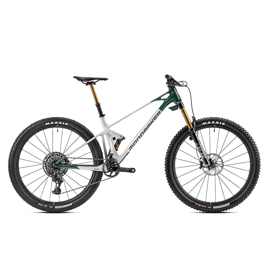 A Silver Mondraker Raze Carbon mountain bike with flat handlebars