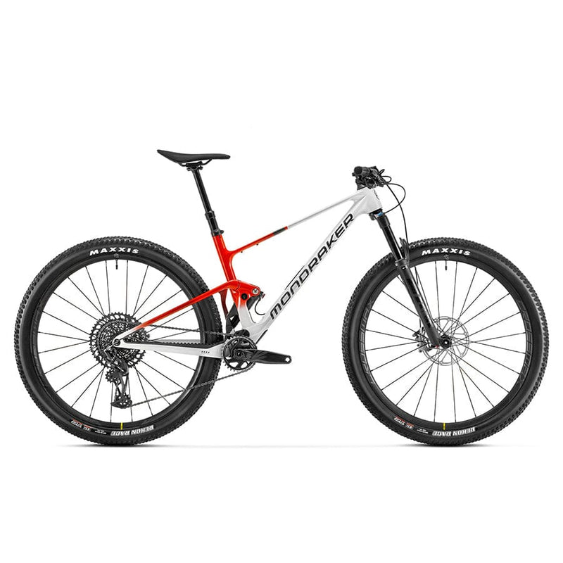 A silver and red Mondraker F-Podium R mountain bike with flat handlebars